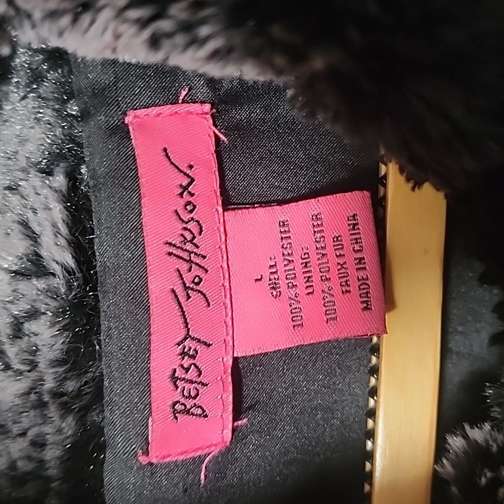 BETSEY JOHNSON Faux Fur Jacket L Super Soft Teddy Black Gray Animal Fuzzy Soft - Picture 6 of 10